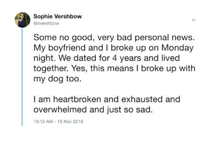 After the furor over her Kavanaugh tweet had blown over, the author&nbsp;broke up with her boyfriend and posted this tweet. The response reminded her how social media can provide a supportive and nurturing community. (Photo: )