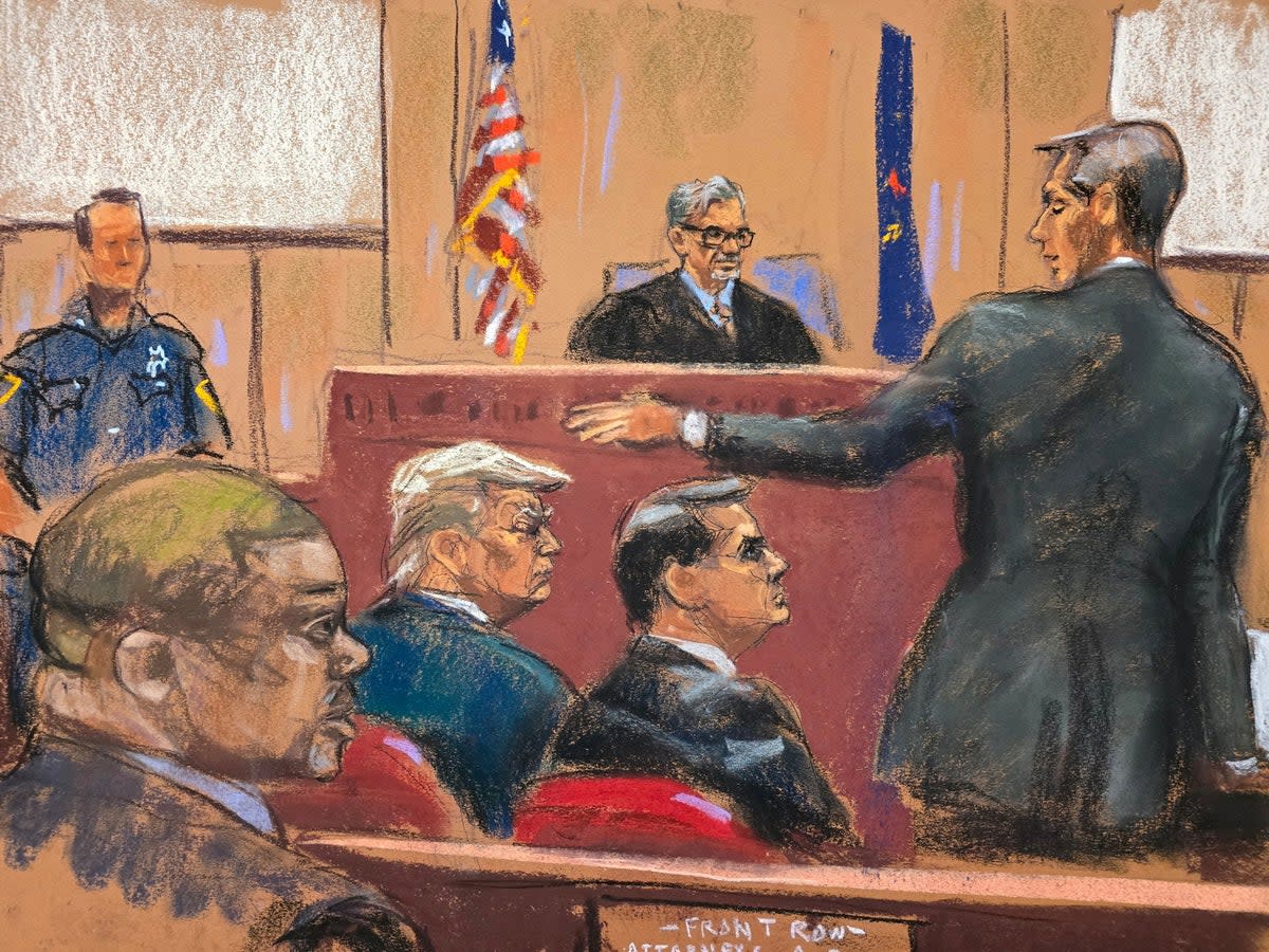 A courtroom sketch depicts Donald Trump sitting with his attorney Todd Blanche while Manhattan prosecutor Matthew Colangelo delivers opening statements on 22 April (Reuters)