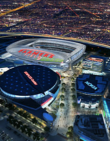 In this file image provided by AEG, a proposed NFL football stadium, to be named Farmers Field, is depicted next to Staples Center in Los Angeles