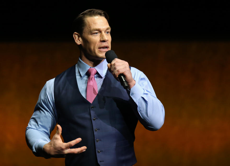 LAS VEGAS, NEVADA - APRIL 04: Professional wrestler and actor John Cena speaks during Paramount Pictures exclusive presentation during CinemaCon at The Colosseum at Caesars Palace on April 04, 2019 in Las Vegas, Nevada. CinemaCon is the official convention of the National Association of Theatre Owners. (Photo by Gabe Ginsberg/WireImage)