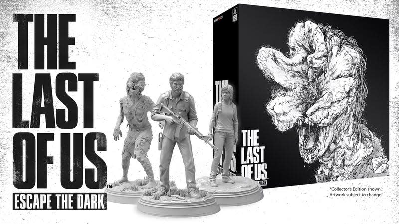 Figurines of Joel, Ellie, and a clicker are shown in front of the box for The Last of Us: Escape the Dark, which sports artwork of a clicker on the cover.