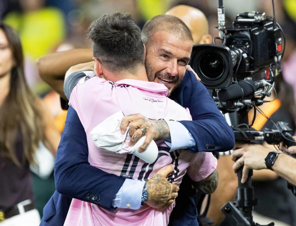 Lionel Messi celebrates with Inter Miami co-owner David Beckham after winning the Leagues Cup final in Nashville, Tenn.