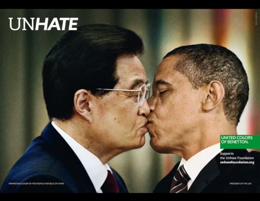 World leaders are shown kissing in Benettons Unhate ad campaign promoting tolerance. The digitally manipulated images, U.S. President Barack Obama and China's President Hu Jintao in this one, are part of a new campaign by Benetton Group, known for their controversial ads. (Photo credit: Fabrica)