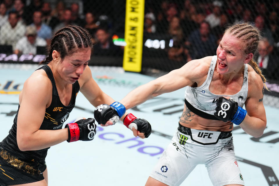LAS VEGAS, NEVADA - SEPTEMBER 16: (R-L) Valentina Shevchenko of Kyrgyzstan punches Alexa Grasso of Mexico in the UFC flyweight championship fight during the Noche UFC event at T-Mobile Arena on September 16, 2023 in Las Vegas, Nevada. (Photo by Chris Unger/Zuffa LLC via Getty Images)