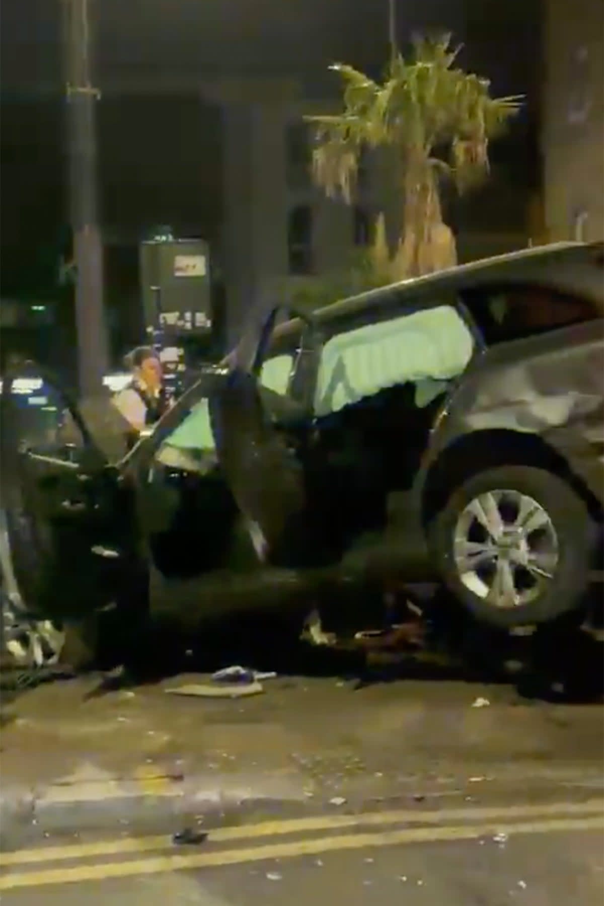 Pictured, the silver Mercedes after the crash (@CrimeLdn/X)