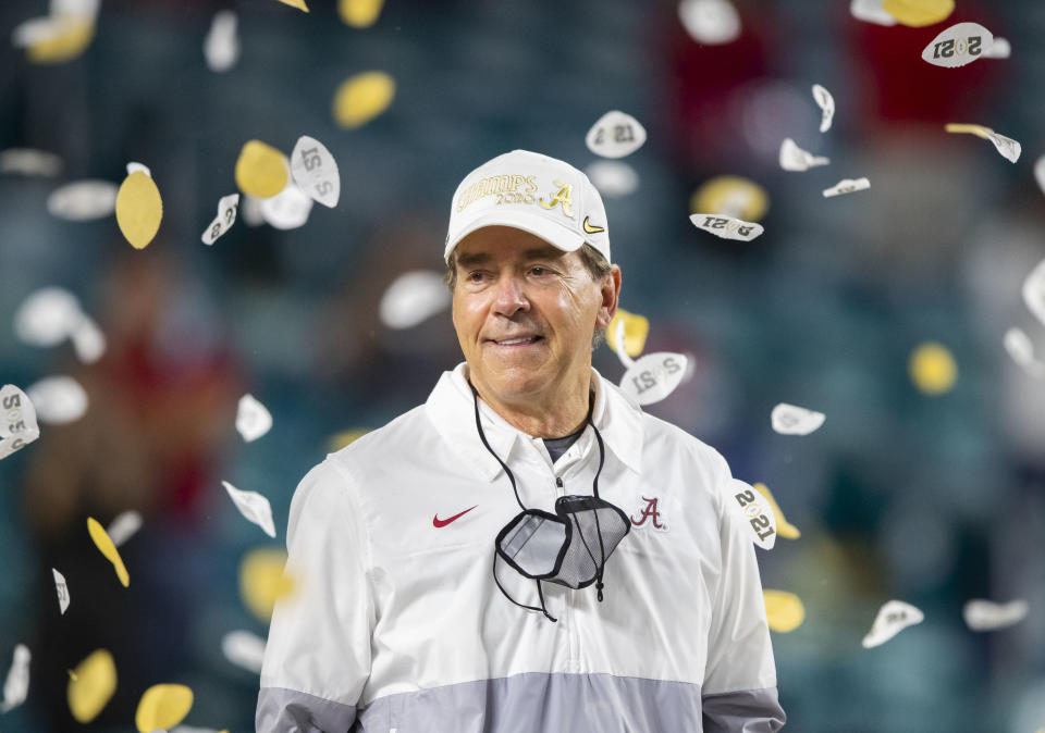 Jan. 11, 2021; Miami Gardens, Florida; Alabama Crimson Tide head coach Nick Saban celebrates after defeating the Ohio State Buckeyes in the 2021 College Football Playoff National Championship Game. Mark J. Rebilas-USA TODAY Sports