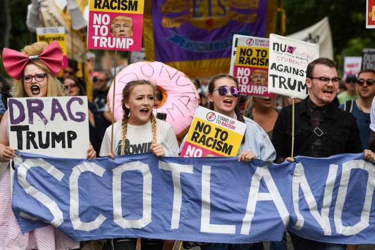 Donald Trump insists US and UK can do 'great trade deal' as thousands protest visiting president in Scotland