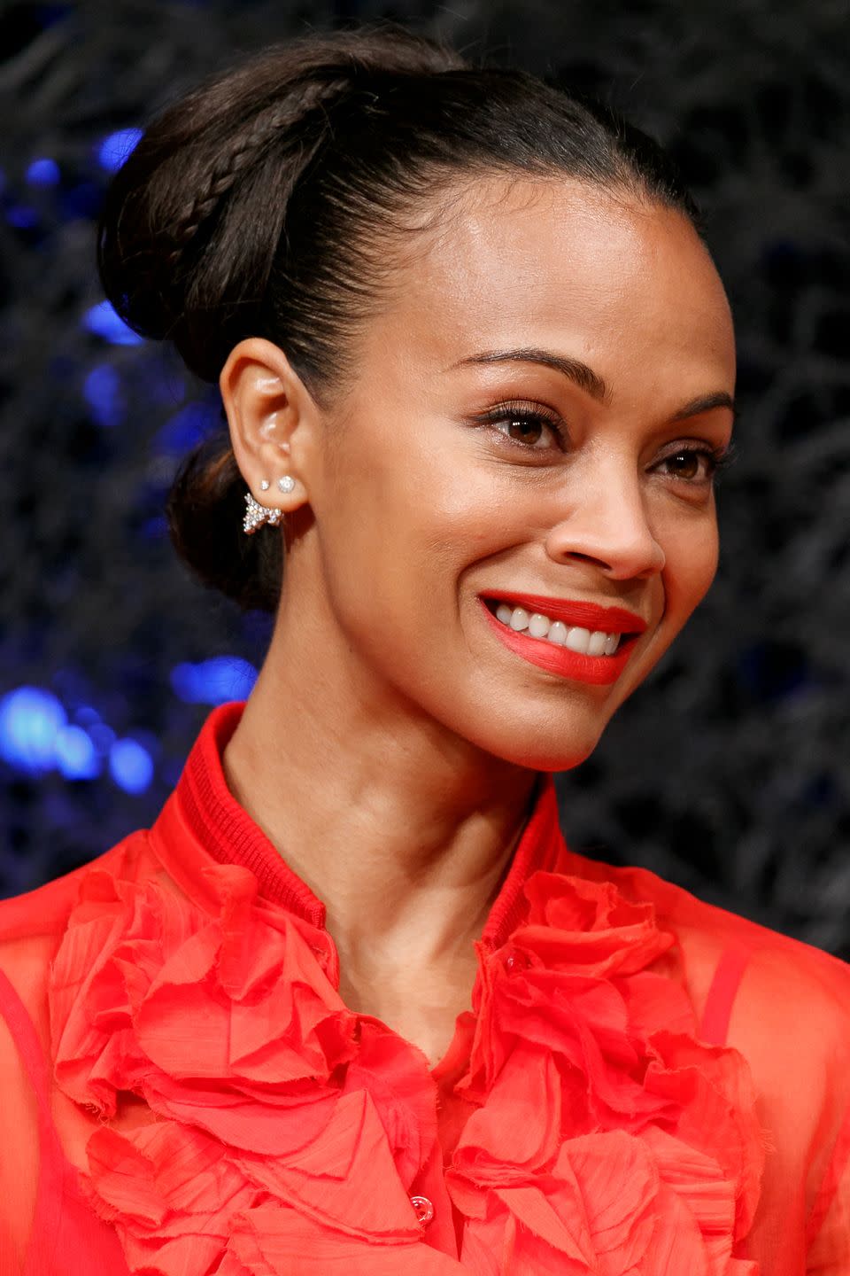 <p>Adding a sneaky plait to a simple princess bun, Zoe Saldana looked on point at the Guardians Of The Galaxy Vol.2 photo call.</p>