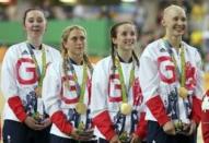 2016 Rio Olympics - Cycling Track - Victory Ceremony - Women's Team Pursuit Victory Ceremony - Rio Olympic Velodrome - Rio de Janeiro, Brazil - 13/08/2016. Kate Archibald (GBR) of Britain, Laura Trott (GBR) of Britain, Elinor Barker (GBR) of Britain and Joanna Rowsell (GBR) of Britain with the gold medals. REUTERS/Eric Gaillard