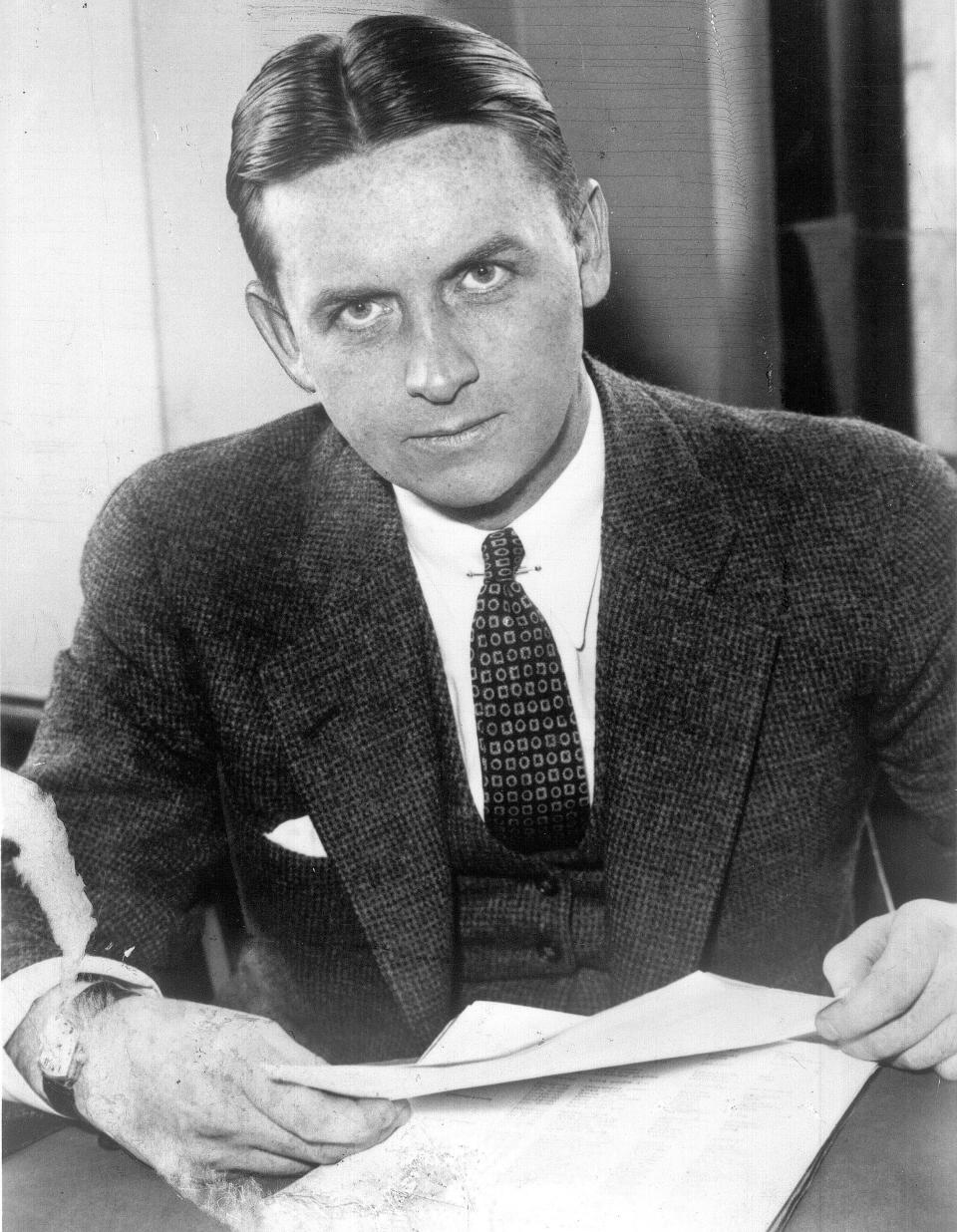 FILE - This undated file photo shows Eliot Ness in Cleveland. Portrayed over the years by Kevin Costner and Robert Stack as an incorruptible hero, Ness' legend is now at risk, with some claiming his role in taking out Chicago mobster Al Capone is as mythical as Mrs. O’Leary’s cow starting the Great Chicago Fire. Illinois’ two U.S. senators, Democrat Dick Durbin and Republican Mark Kirk, have proposed naming the Bureau of Alcohol, Tobacco, Firearms and Explosives headquarters in Washington after the Prohibition-era crime fighter, but Ed Burke, a prominent Chicago alderman and others are trying to convince the senators to drop the whole thing. Both senators are not backing down, though, insisting he deserves it anyway. (AP Photo/The Plain Dealer, File)