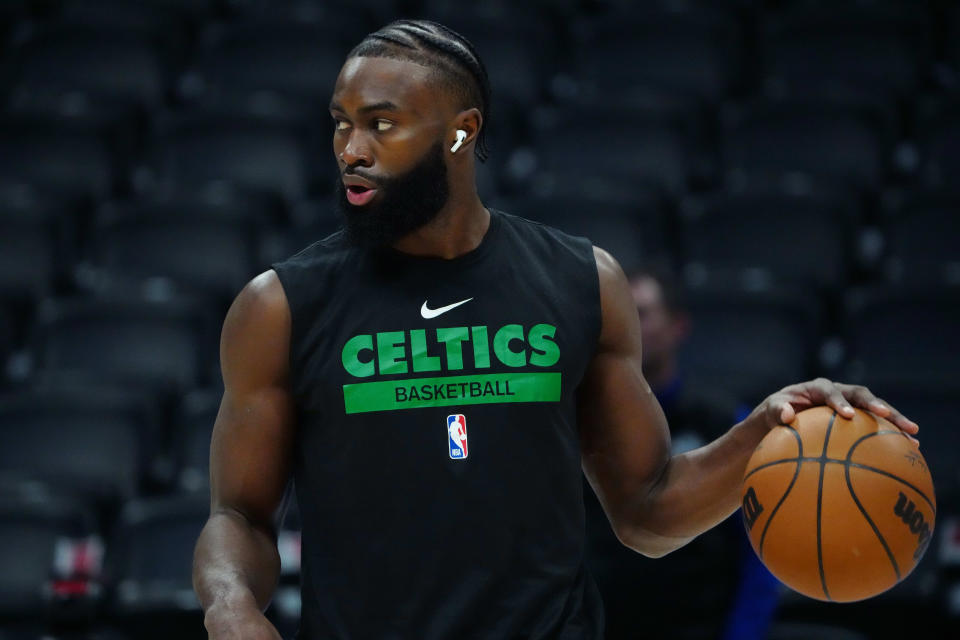 Jan 1, 2023; Denver, Colorado, USA; Boston Celtics guard Jaylen Brown (7) prior to the game against the Denver Nuggets at Ball Arena. Mandatory Credit: Ron Chenoy-USA TODAY Sports