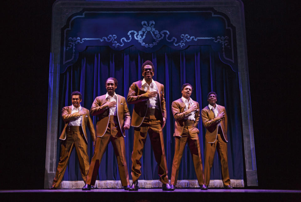 This theater image released by Boneau/Bryan-Brown shows, from left, Jesse Nager, Donald Webber, Jr., Julius Thomas III, Ephraim M. Sykes and Jawan M. Jackson portraying The Temptations in "Motown: The Musical," performing at the Lunt-Fontanne Theatre in New York. (AP Photo/Boneau/Bryan-Brown, Joan Marcus)