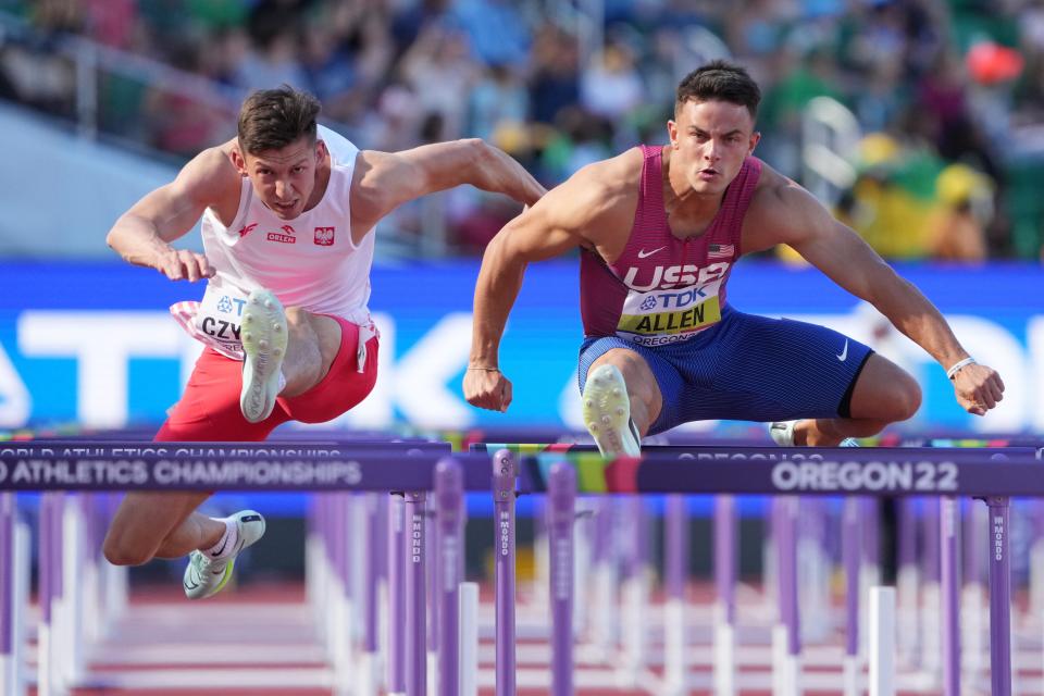 Devon Allen competes in a qualifying heat of the men's 110m hurdles semi-finals during the World Athletics Championships in 2022.