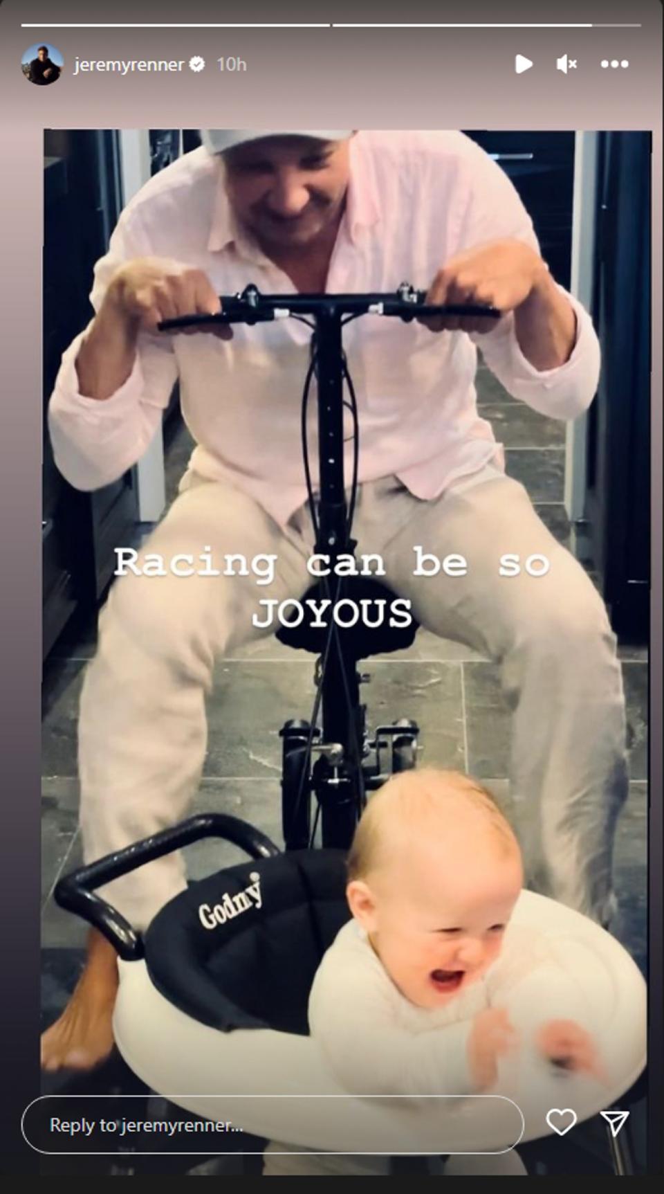 Jeremy Renner on a scooter chasing a baby with the caption: 