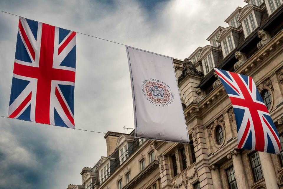 london, united kingdom 20230504 union jack flags along a coronation flag are seen in piccadilly ahead of king charles iii coronation on saturday 6 may 2023 photo by pietro recchiasopa imageslightrocket via getty images