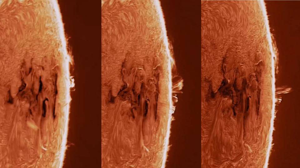 Three side-by-side photographs show a close-up view of the sun, with what appear to be large fiery tendrils shooting out from the sun's surface.  A much darker area on the surface marks the location of the sunspot region.