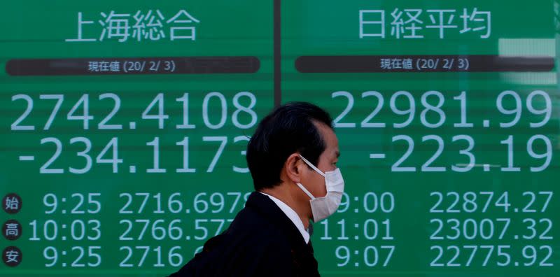 A man wearing a surgical mask walks past a screen showing Shanghai Composite index and Nikkei index outside a brokerage in Tokyo