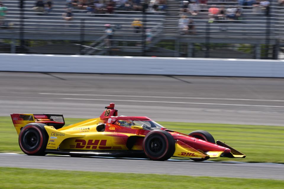 Alex Palou, of Spain, drives during the IndyCar Grand Prix auto race at Indianapolis Motor Speedway, Saturday, May 11, 2024, in Indianapolis. (AP Photo/Darron Cummings)