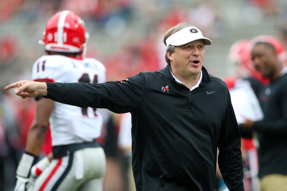 Georgia coach Kirby Smart before Georgia's spring NCAA college football game, Saturday, April 16, 2022, in Athens, Ga. (AP Photo/Brett Davis)