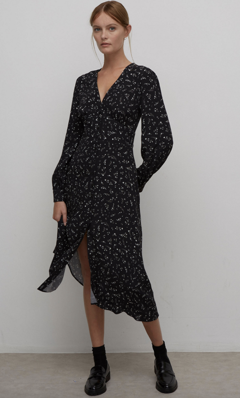 Star Print V-Neck Midi Tea Dress