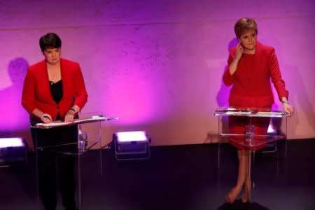 FILE PHOTO - Scottish political party leaders (L-R) Ruth Davidson of the Conservative Party and Nicola Sturgeon, First Minister of Scotland and leader of the SNP, take part in a live television debate in Glasgow, Scotland, Britain June 6, 2017. REUTERS/Russell Cheyne