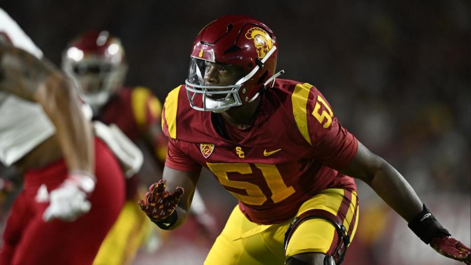 USC defensive lineman Solomon Byrd plays against Fresno State in September 2022.