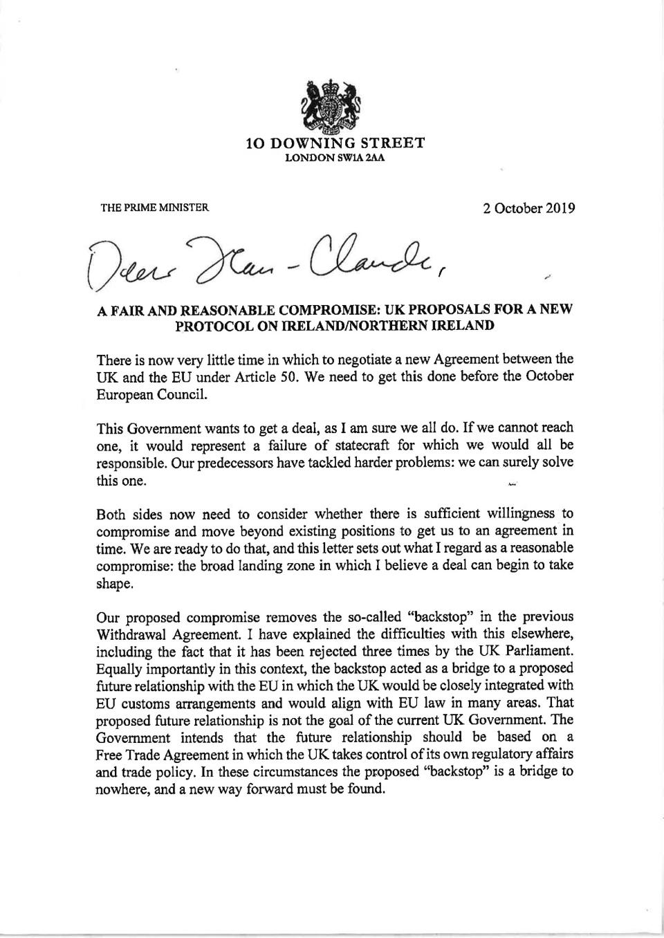 An image issued by number 10 Downing Street on Wednesday Oct. 2, 2019, shows the first page of a letter Britain's Prime Minister Boris Johnson has sent to European Commission president Jean-Claude Juncker. Britain has sent its proposals for a Brexit deal to leaders of the European Union, with Prime Minister Boris Johnson urging "rapid negotiations towards a solution." (10 Downing Street via AP)