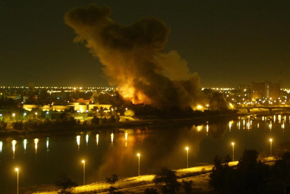A missile hits the planning ministry in Baghdad on 20 March, 2003 (AFP/Getty)