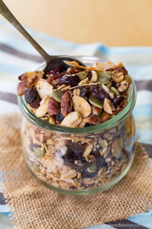 <p>Cupcakes & Kale Chips</p><p>Put out some yogurt and fresh fruit, and let everyone scoop this nutty maple-sweetened granola on top.</p><p><strong>Get the recipe: <a href="https://cupcakesandkalechips.com/granola-thats-kinda-nutty-recip/" rel="nofollow noopener" target="_blank" data-ylk="slk:Gluten Free Granola;elm:context_link;itc:0;sec:content-canvas" class="link ">Gluten Free Granola</a></strong></p>