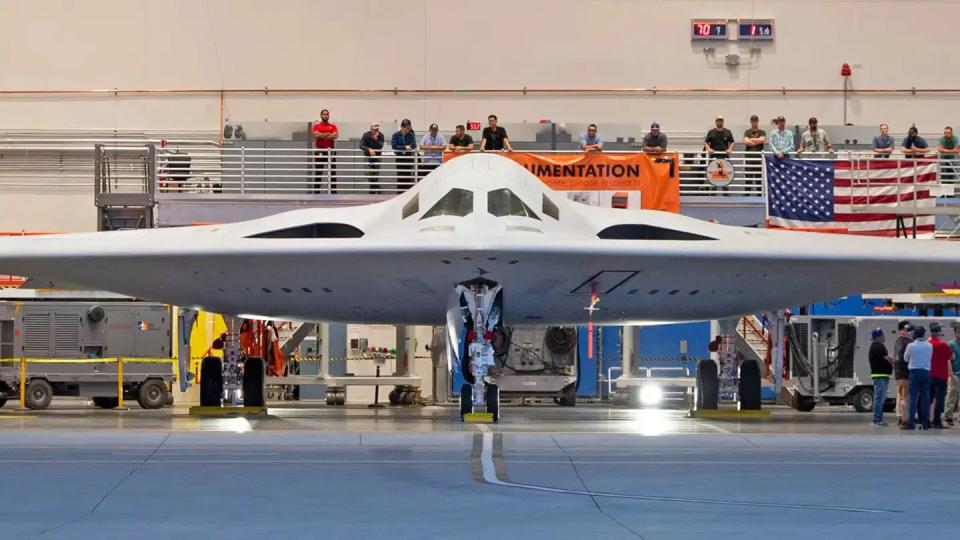 The first pre-production B-21 in a hangar at Plant 42. <em>USAF</em>