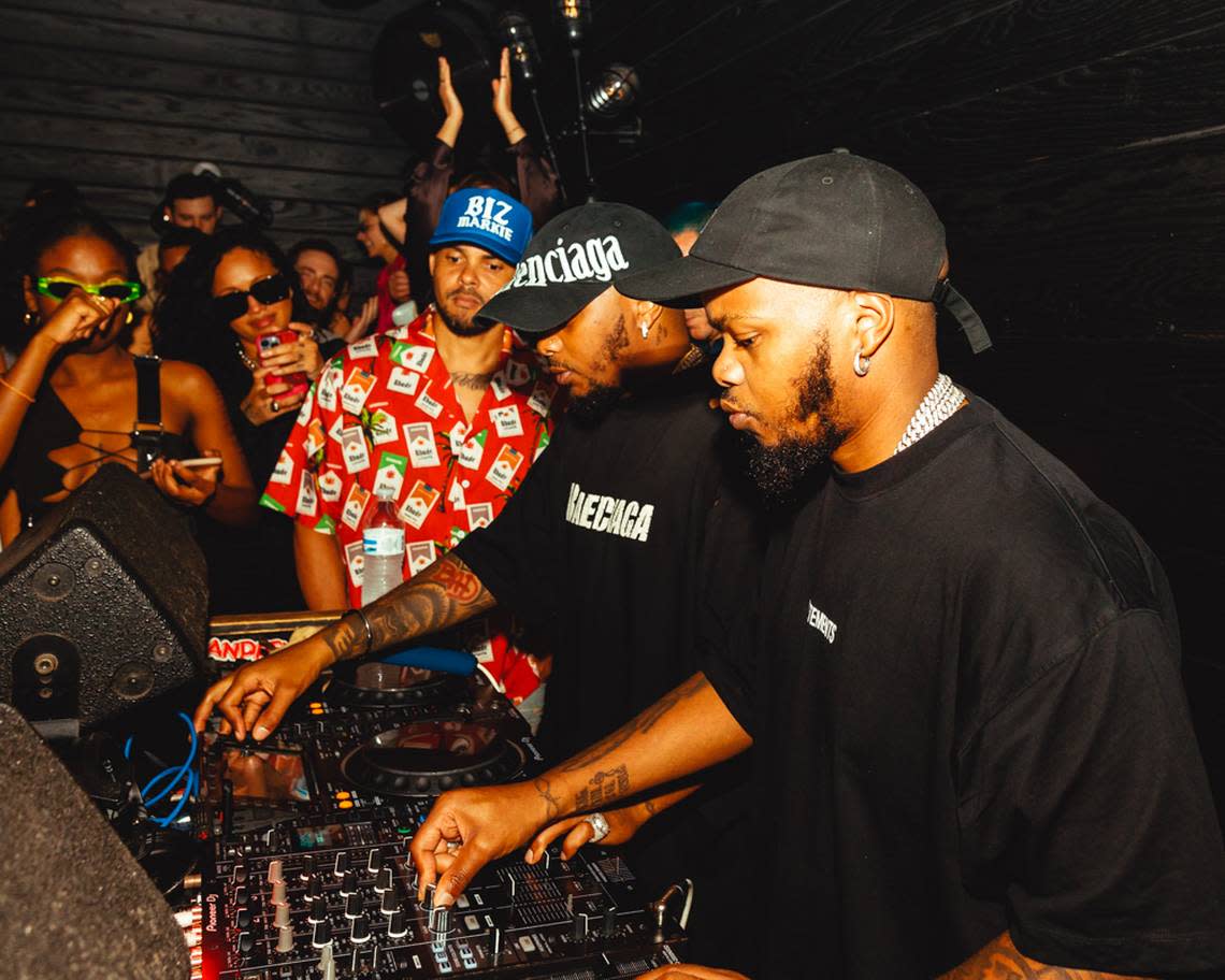 Walshy Fire (left) watches as Major League DJz (right) spin during Miami Music Week 2022. Major League DJz recently dropped an amapiano project entitled “Piano Republik” with Major Lazer, the DJ trio of which Walshy Fire is a member.