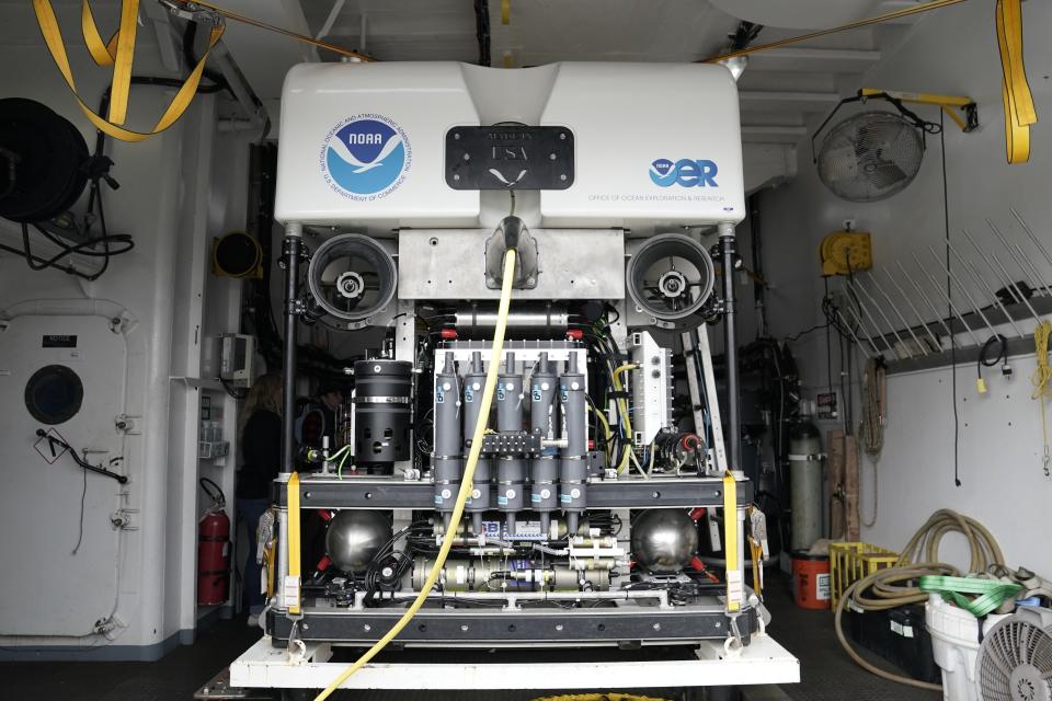 The remotely operated dive vehicle Deep Discoverer is visible aboard the NOAA Okeanos Explorer, Friday, June 23, 2023, in Kodiak, Alaska. The vehicle, which is designed to explore the deep sea and sea floor, can reach depths depths of up to 6,000 meters (19,685 feet). (AP Photo/Joshua A. Bickel)