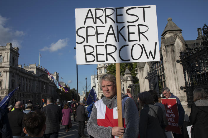 On the day the Prime Minister brings his Brexit bill for a vote at the House of Commons, Pro Brexit anti European Union Leave protesters demonstrating with a placard against the Speaker of the House John Bercow in Westminster on 22nd October 2019 in London, England, United Kingdom. Brexit is the scheduled withdrawal of the United Kingdom from the European Union. Following a June 2016 referendum, in which 51.9% of participating voters voted to leave. (photo by Mike Kemp/In Pictures via Getty Images)