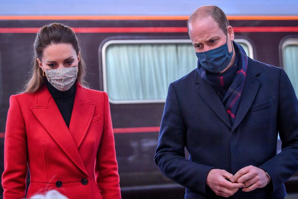 Britain's Prince William, Duke of Cambridge and Britain's Catherine, Duchess of Cambridge wearing protective face coverings to combat the spread of the coronavirus, arrive at Bath Spa station in Bath, in south west England, for a visit to Cleve Court Care Home to pay tribute to the efforts of care home staff throughout the COVID-19 pandemic, on December 8, 2020, on the final day of engagements on their tour of the UK. - During their trip, their Royal Highnesses hope to pay tribute to individuals, organisations and initiatives across the country that have gone above and beyond to support their local communities this year. (Photo by Ben Birchall / POOL / AFP) (Photo by BEN BIRCHALL/POOL/AFP via Getty Images)