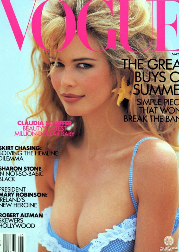 Claudia Schiffer on the cover of Vogue magazine.