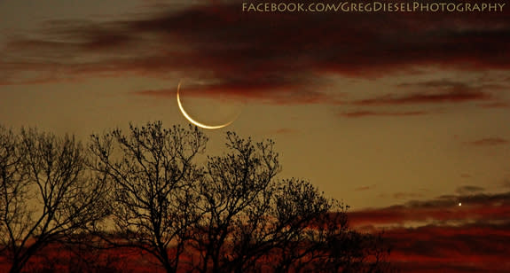 Greg Diesel Walck captured this image of the Moon and Venus from Currituck, North Carolina during the sunrise on Jan. 10, 2012. He used a Sony Alpha 65 camera with a 495mm zoom, ISO 1600, and shutter 1/8 second exposure to take the photo.