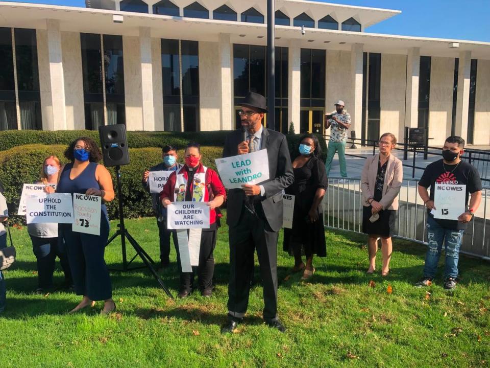 The Rev. Paul Ford speaks at a news conference in front of the Legislative Building in Raleigh, N.C. on Oct. 13, 2021. Ford urged the General Assembly to fund the Leandro plan.