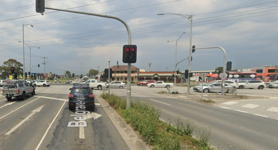 A maps image shows the intersection where the collision occurred. A car sits at the lights in Belgrave-Hallam Road where Sing had turned from. Source: Google Earth