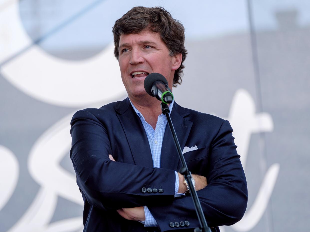 Tucker Carlson speaks during the Mathias Corvinus Collegium (MCC) Feszt on August 7, 2021 in Esztergom, Hungary.