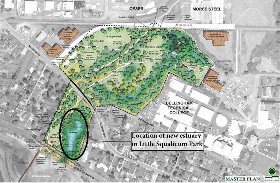 A drawing shows the location of the new estuary that will be built in Little Squalicum Park in Bellingham, Wash., after a City Council vote Monday, May 9, 2022.