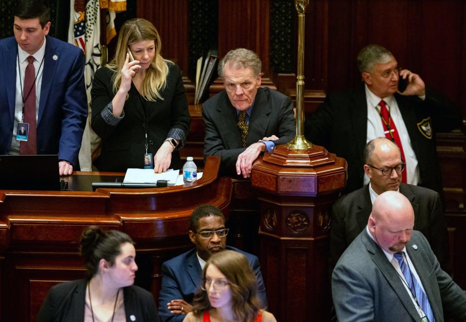 Illinois Speaker of the House Michael Madigan, D-Chicago, listens to debate on the fiscal year 2020 budget on the floor of the Illinois House late into the evening on the scheduled last day of the Spring Session at the Illinois State Capitol, Friday, May 31, 2019, in Springfield, Ill. [Justin L. Fowler/The State Journal-Register] 