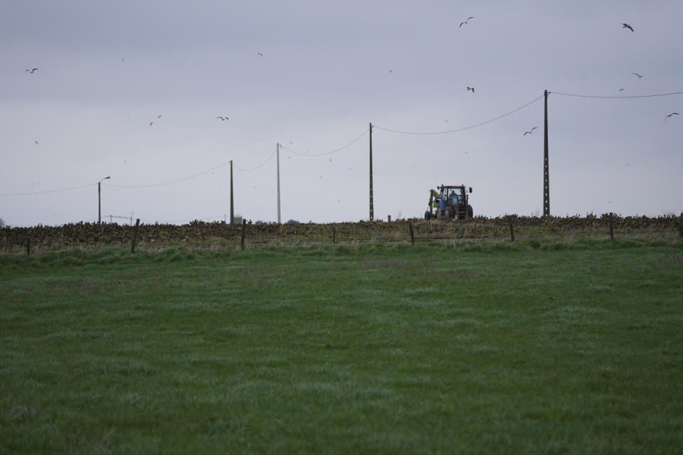 A farmer riding a tractor works in a field in West Flanders, Belgium, Wednesday, Feb. 21, 2024. After hundreds of tractors disrupted an EU summit in Brussels in early February, farmers plan to return on Monday to be there when farm ministers discuss an emergency item on the agenda; simplification of agricultural rules that some fear could also amount go a weakening of standards. (AP Photo/Virginia Mayo)