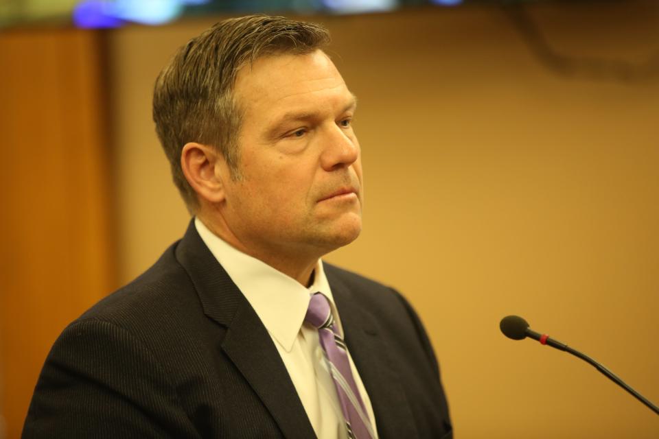 Attorney General Kris Kobach testifies Monday before the Senate Federal and State Affairs Committee on a bill to heavily restrict the use of ballot drop boxes.