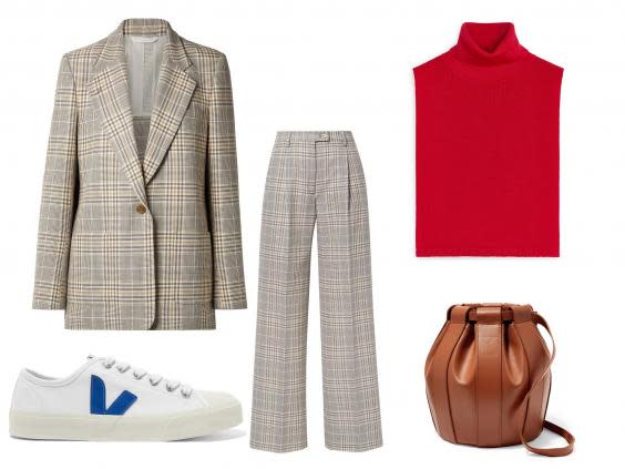 Acne Studios Jana checked cotton-blend blazer: £630; Veja Wata organic cotton-canvas sneakers: £75; Acne Studios Pina checked cotton-blend wide-leg pants: £360; Arket merino bib neck: £55; Low Classic leather bucket bag: £385