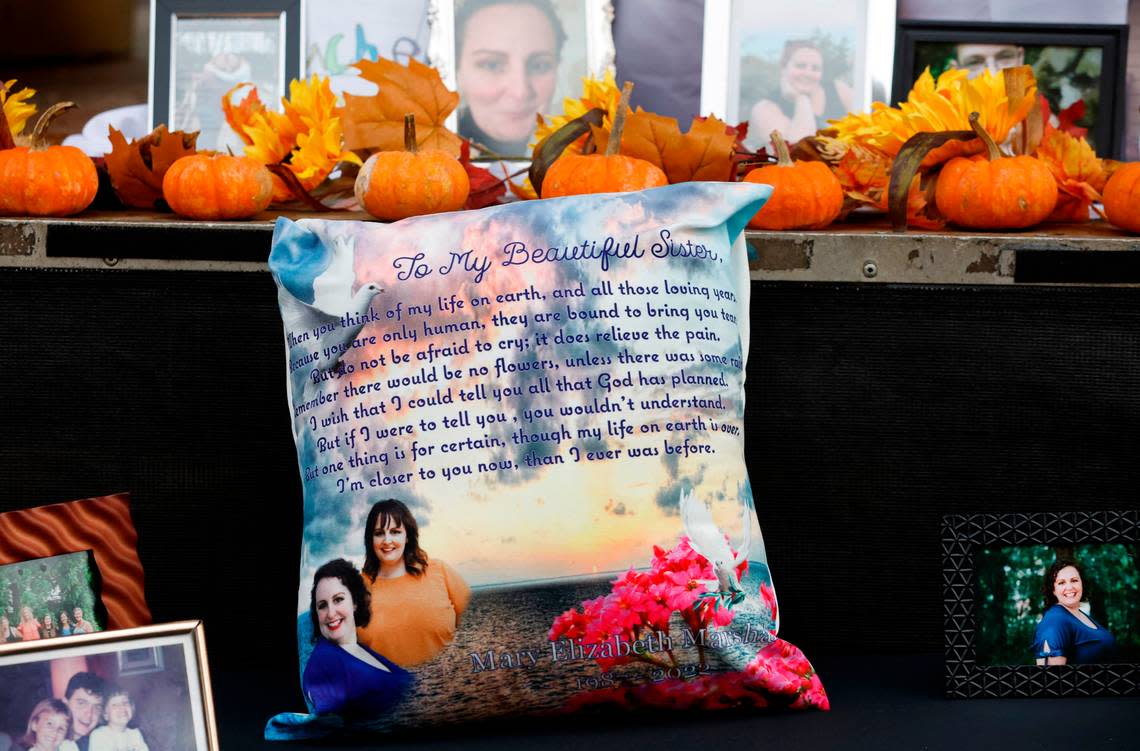 Mementos and photos remembering Mary Marshall adorn the stage during a memorial service for Marshall at Dix Park in Raleigh, N.C., Saturday, Oct. 29, 2022. Marshall was one of the five people killed in a mass shooting on Oct. 13.
