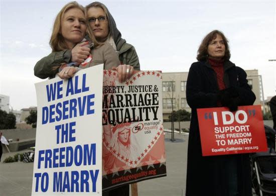 Same-sex couple Elizabeth Chase (L) and Kate Baldridge stand outside the federal courthouse in San Francisco, California January 11, 2010. California's ban on gay marriage went to trial in a federal case that plaintiffs hope to take all the way to the U.S. Supreme Court and overturn bans throughout the nation.