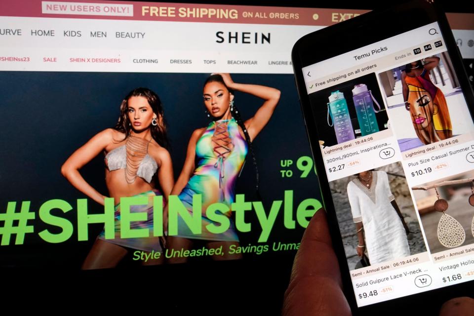 Pages from the Shein website, left, and from the Temu site, right, are shown in this photo, in New York, Friday, June 23, 2023. Chinese e-commerce retailer Temu has filed a lawsuit accusing its rival Shein of violating U.S. antitrust law by blocking clothing manufacturers from working with Temu.