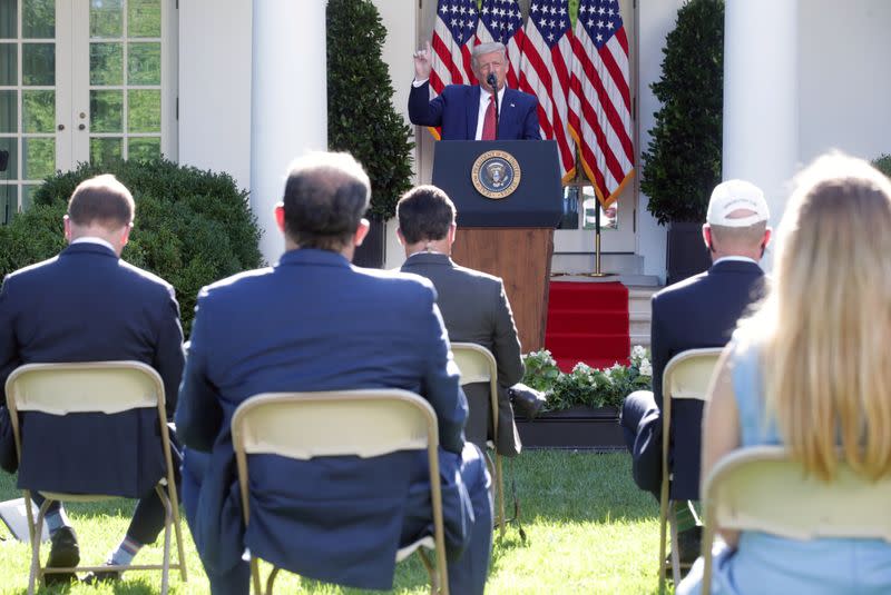 U.S. President Donald Trump attends a news conference in the Rose Garden at the White House in Washington