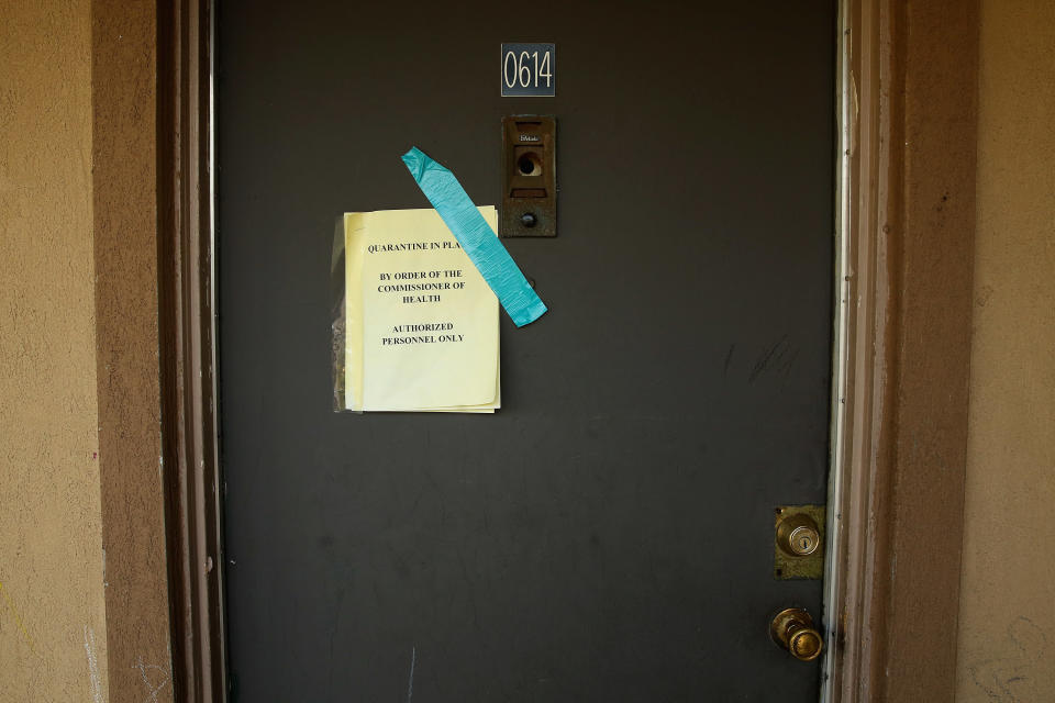 The apartment where Ebola victim Thomas Eric Duncan stayed when he fell ill under quarantine on October 20, 2014 in Dallas, Texas. Officials announced that 43 of the first wave of 48 people being monitored for having contact or potential contact with Duncan were officially off the list for twice-daily monitoring for Ebola and that all remained asymptomatic.