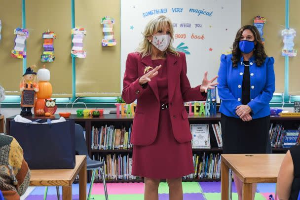 PHOTO: First Lady Dr. Jill Biden visits PS 83 Annex Donald Hertz School as Deputy Secretary of Education Cindy Marten looks on in the Bronx, N.Y., Oct. 20, 2021.  (Anthony Behar/Sipa USA via AP)